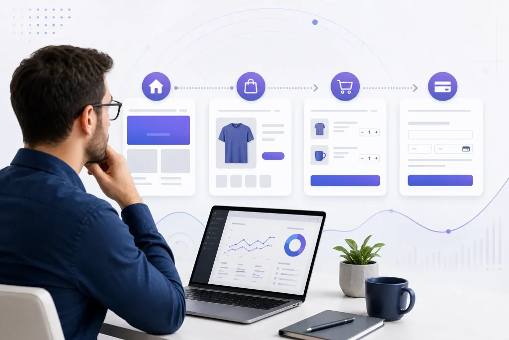 Imagem sugerida: lojista analisando a jornada de compra em uma loja WooCommerce, com destaque visual para home, produto, carrinho e checkout como etapas separadas.