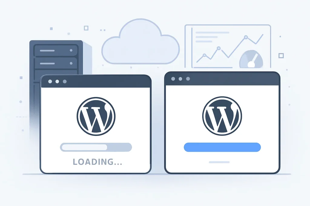 Imagem de comparação visual entre um site WordPress carregando rápido e outro lento, com elementos de infraestrutura ao fundo, como servidor, nuvem e painel técnico, em estilo profissional e clean.