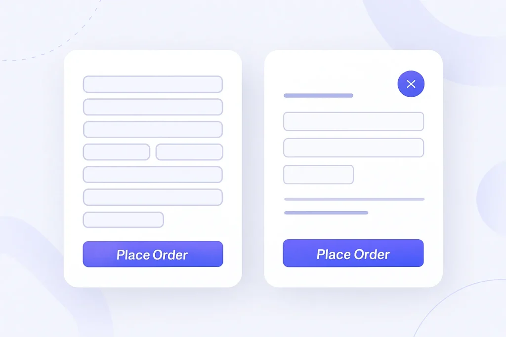 Imagem sugerida: captura comparativa de um checkout com excesso de campos versus um checkout mais enxuto e organizado, destacando hierarquia visual e clareza de informações.