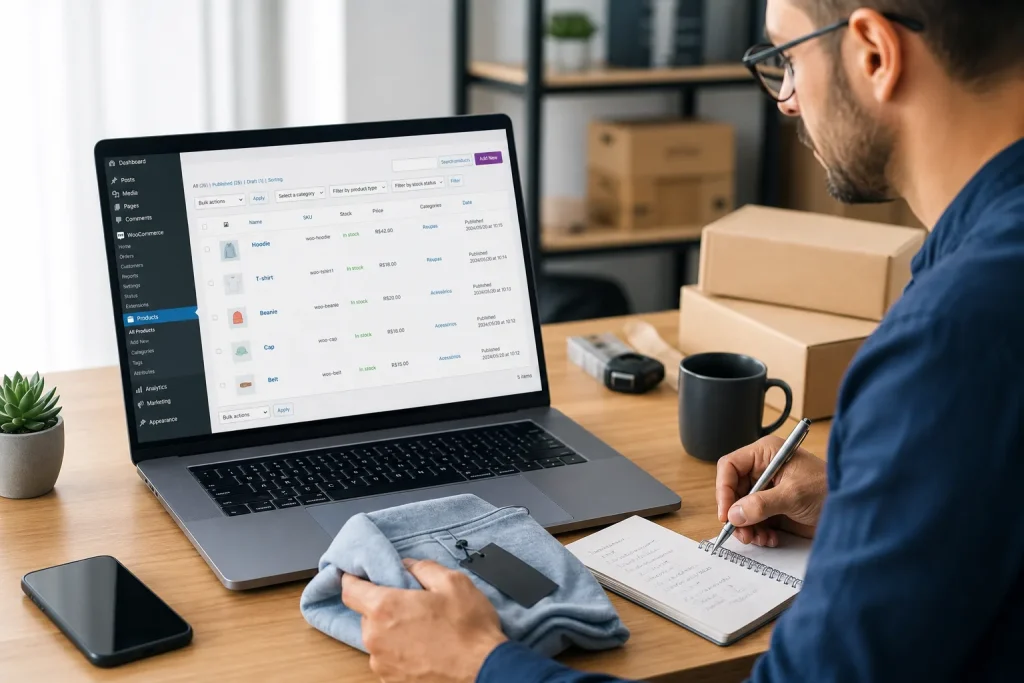 P mais realista possível: Tela de notebook com painel do WordPress e WooCommerce aberto, ao lado de um empreendedor organizando produtos e anotações, em ambiente claro e profissional