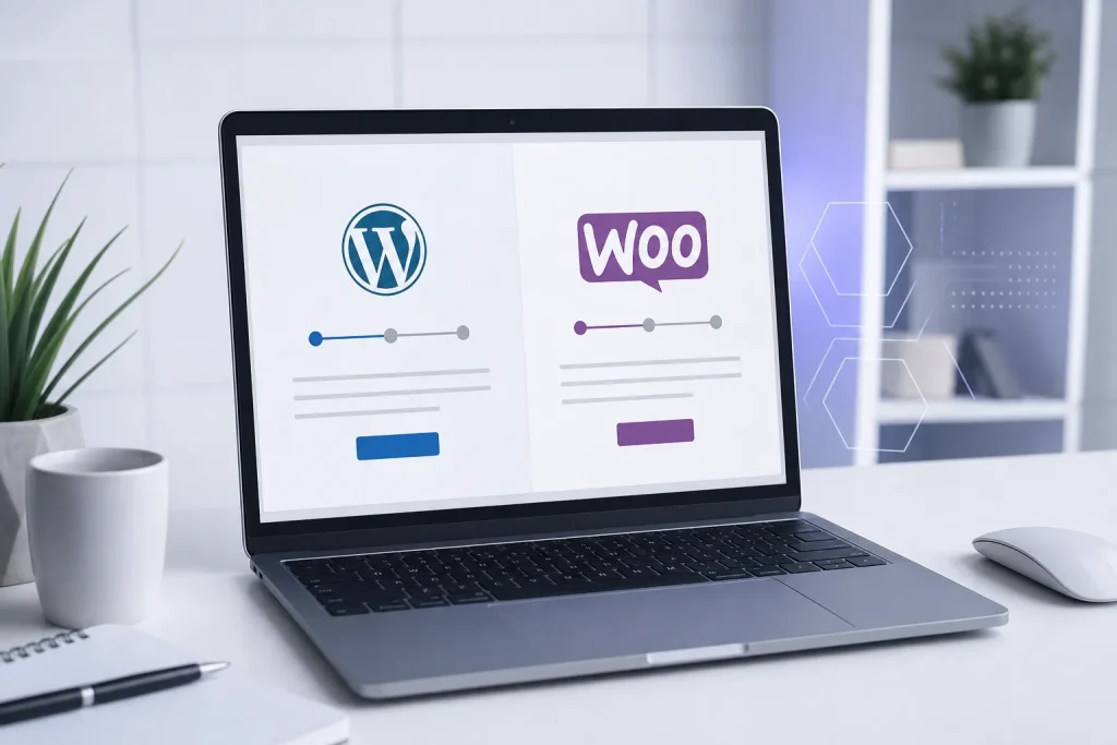 Imagem sugerida: tela de instalação do WordPress e do WooCommerce em um notebook, com foco em um passo a passo técnico para iniciantes.