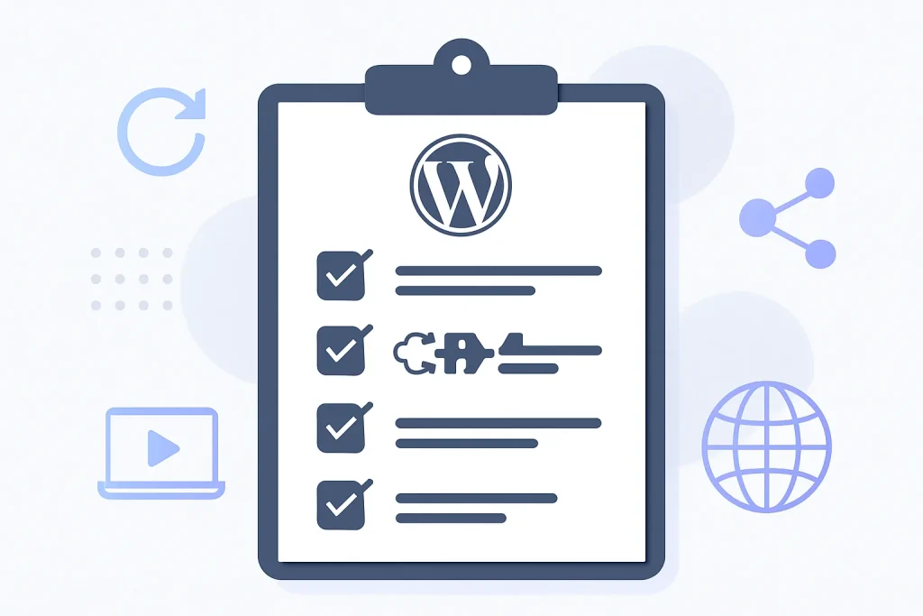 Imagem sugerida: checklist técnico de avaliação de plugins no WordPress, com ícones de atualização, compatibilidade, suporte e teste em staging.