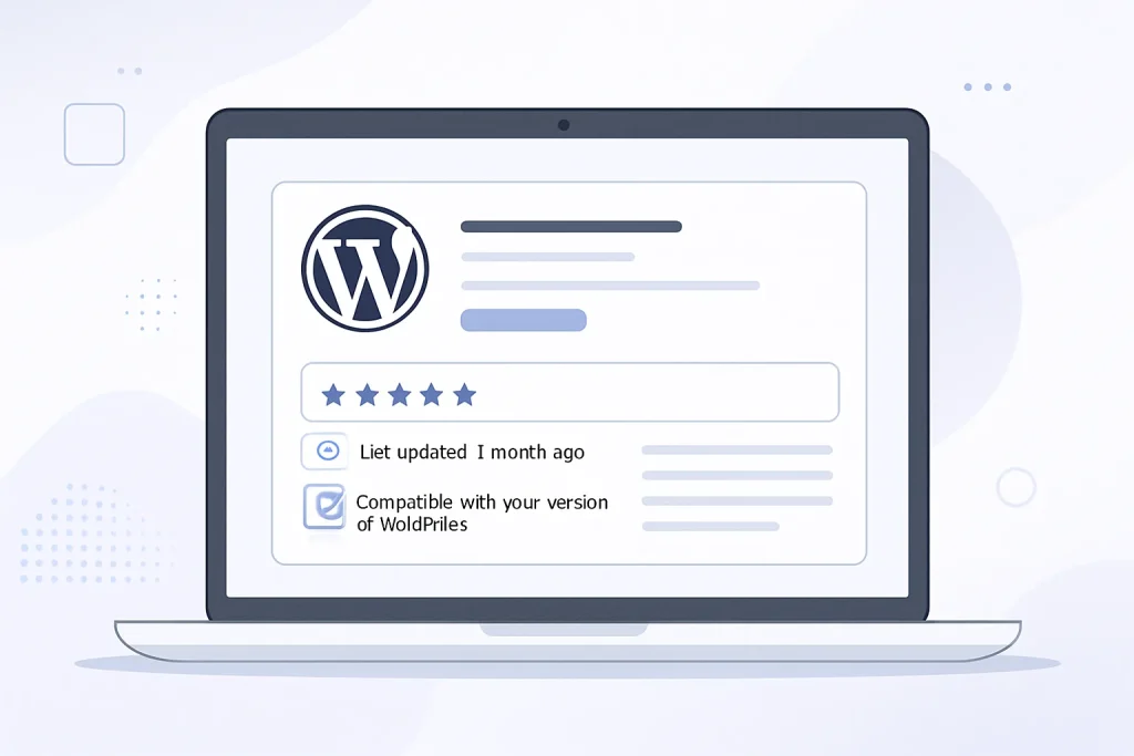 Sugestão de imagem: tela de análise de plugin no WordPress, com destaque para reputação, atualizações e compatibilidade.