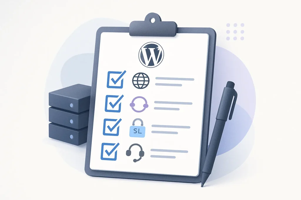 Ilustração de checklist de decisão para contratar hospedagem WordPress, com itens como localização do servidor, backup, SSL, suporte e SLA, em formato de guia prático.