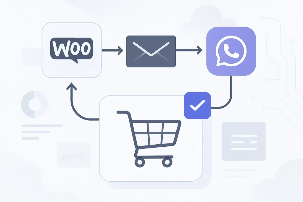 Fluxo visual de automação conectando WooCommerce, e-mail e WhatsApp com um carrinho abandonado sendo recuperado, em ilustração moderna e clara.