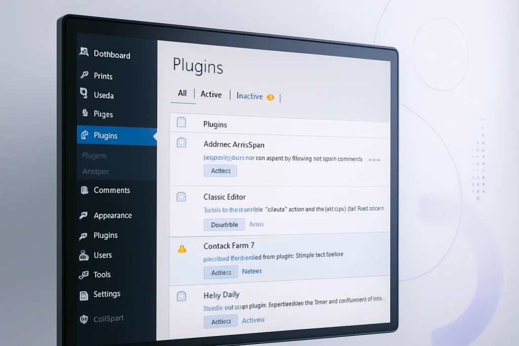 Imagem sugerida: painel de WordPress com lista de plugins, destacando extensões ativas, inativas e com alerta de conflito.