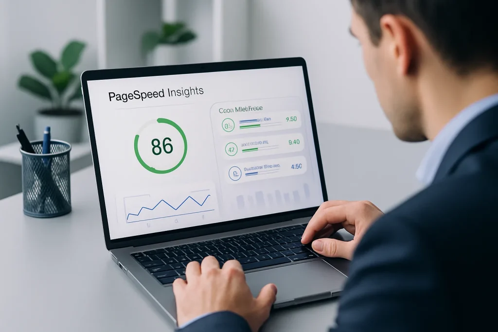 Imagem de dashboard de performance do PageSpeed Insights em um notebook, com gráficos e indicadores de Core Web Vitals ao lado de um profissional analisando o relatório em um ambiente de trabalho moderno.