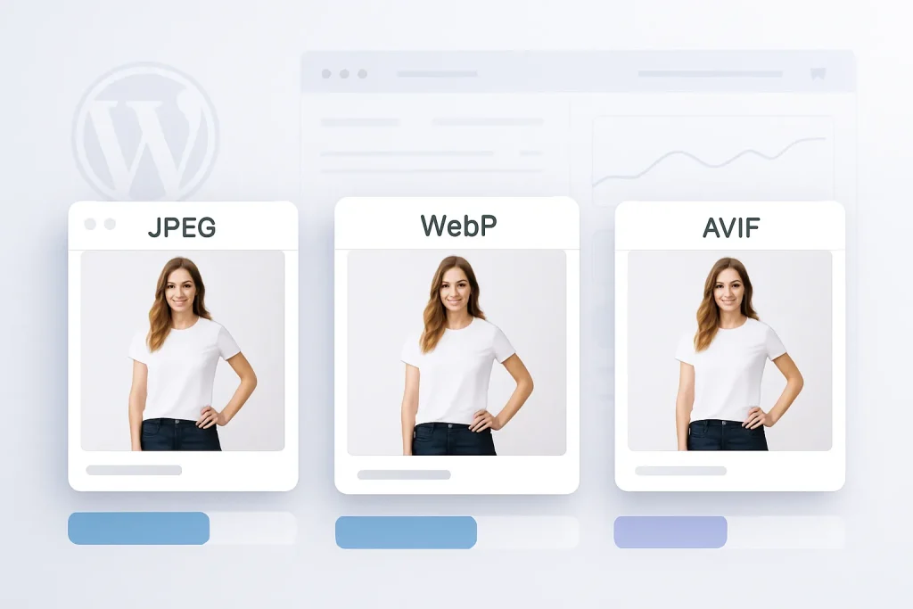 Comparativo visual em layout limpo mostrando a mesma imagem em JPEG, WebP e AVIF com barras de peso e uma cena de site WordPress/WooCommerce ao fundo, reforçando decisão técnica e qualidade visual.