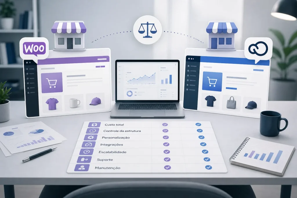 Comparativo visual lado a lado entre WooCommerce e Nuvemshop, com elementos de decisão como custo, controle, integrações e escalabilidade em uma mesa de análise, estética limpa e profissional, com ícones de loja virtual e painel de gestão.