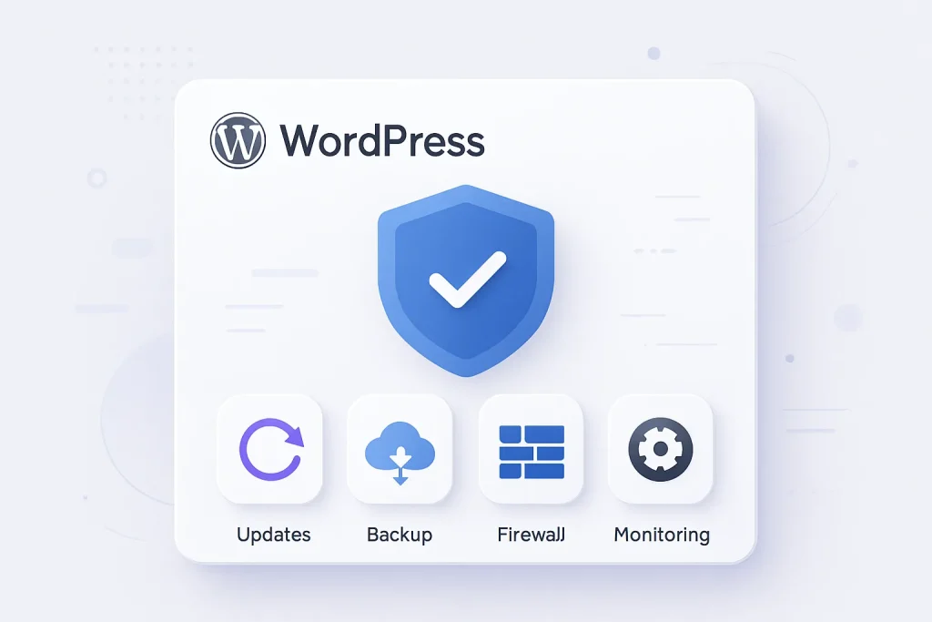 Imagem sugerida: painel de segurança WordPress com camadas de proteção representadas de forma visual, como atualização, backup, firewall e monitoramento.